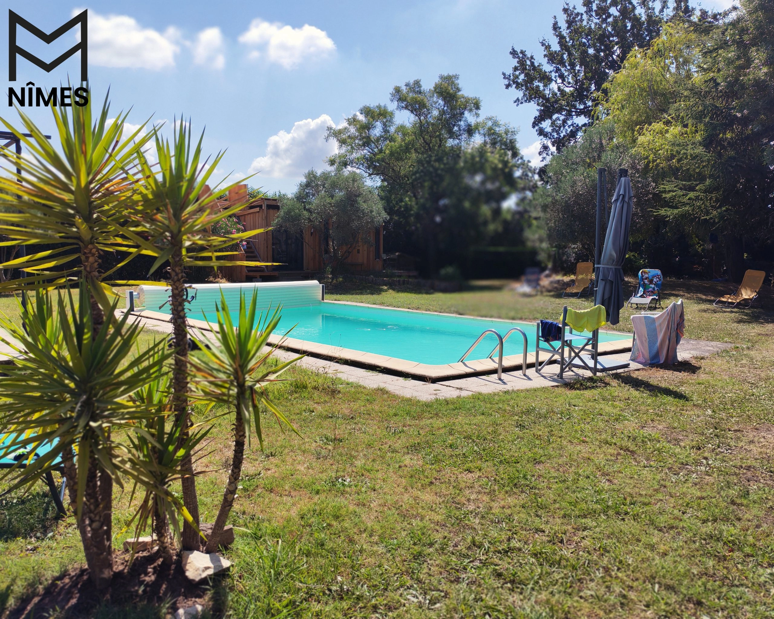 Piscine entourée de yuccas et herbe douce, s’intégrant naturellement au jardin.