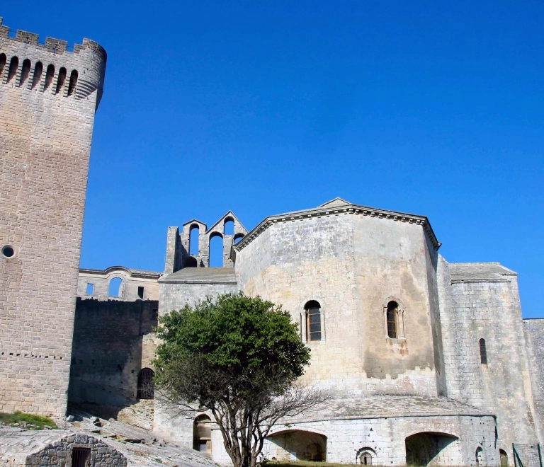 Château médiéval en pierre avec tour centrale.